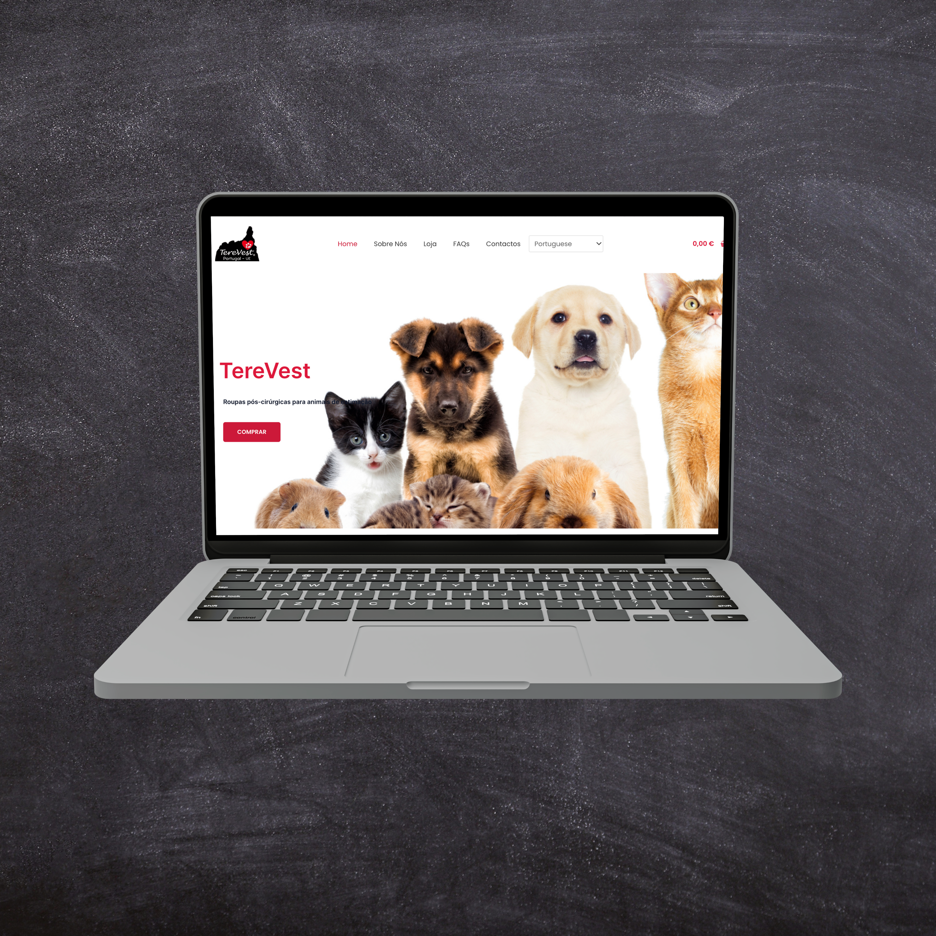Website de loja online para venda de produtos para animais feito pela SJMedia com uma edição de imagem sob um fundo escuro