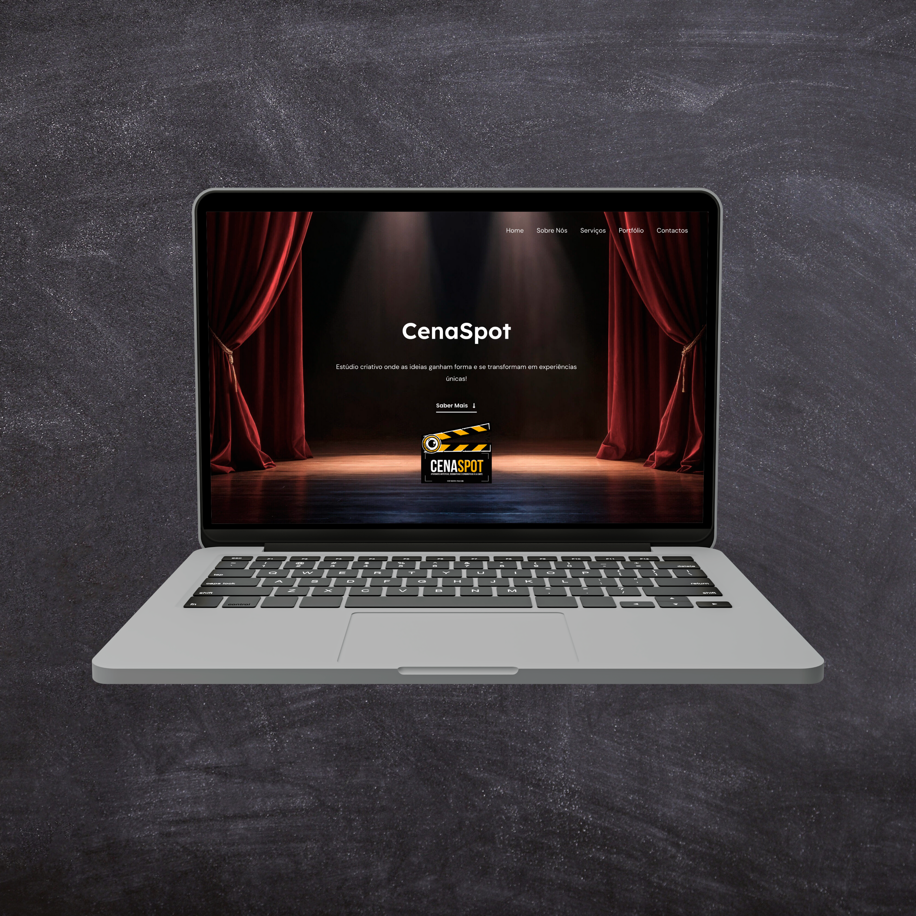 Website de cenografia feito pela SJMedia com uma edição de imagem sob um fundo escuro