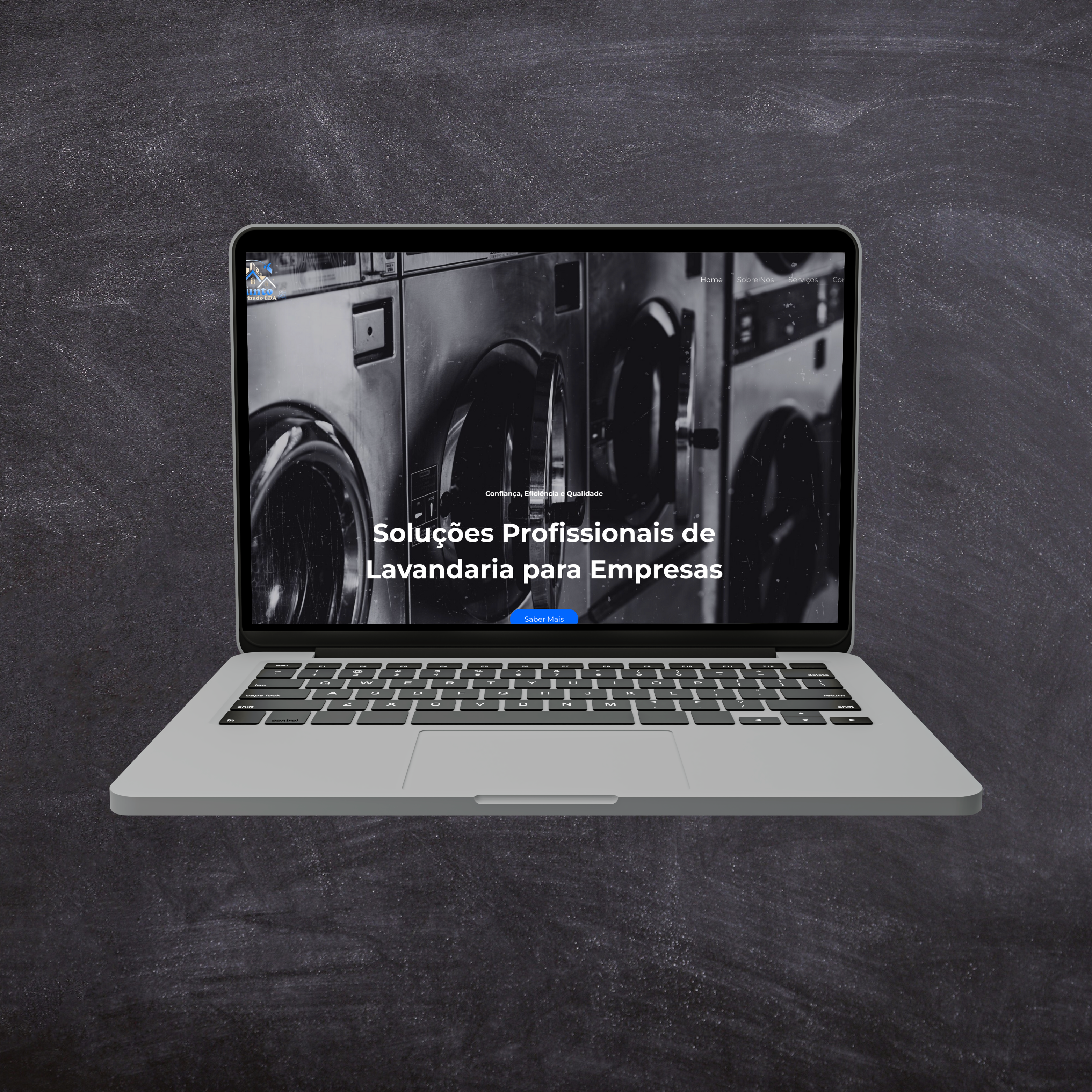 Website de serviços de lavagem de roupa e lavagem industrial feito pela SJMedia com uma edição de imagem sob um fundo escuro